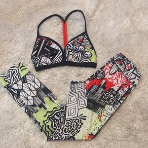 Reebok Neon Green, Coral & Black Graphic Sports Bra and Leggings Set Reebok xs